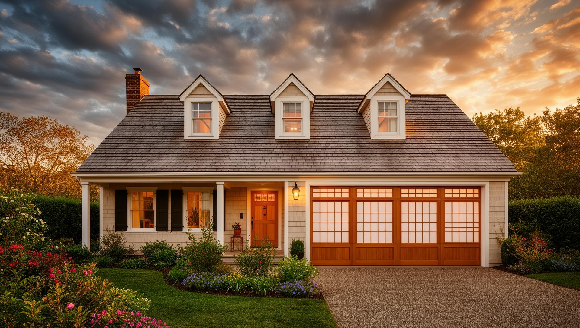 Beautiful Cape Cod cottage featuring modern aluminum garage doors with Asian-inspired shoji screen panels in Wenatchee, WA